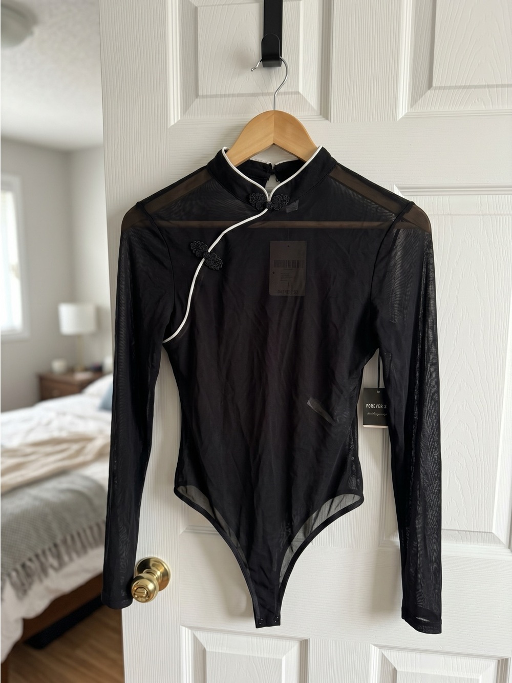 Forever 21 Black Sheer Long-Sleeve Mandarin-Collar Bodysuit - Picture 3 of 4